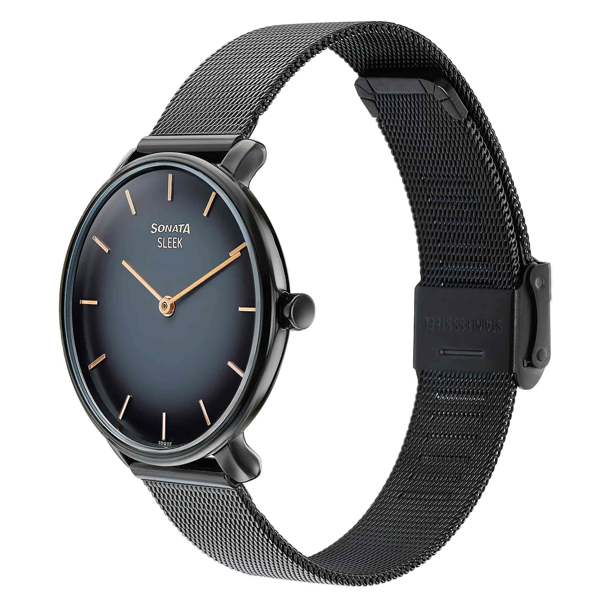 Sonata Sleek Quartz Analog Black Dial Black Stainless Steel Strap Watch for Women