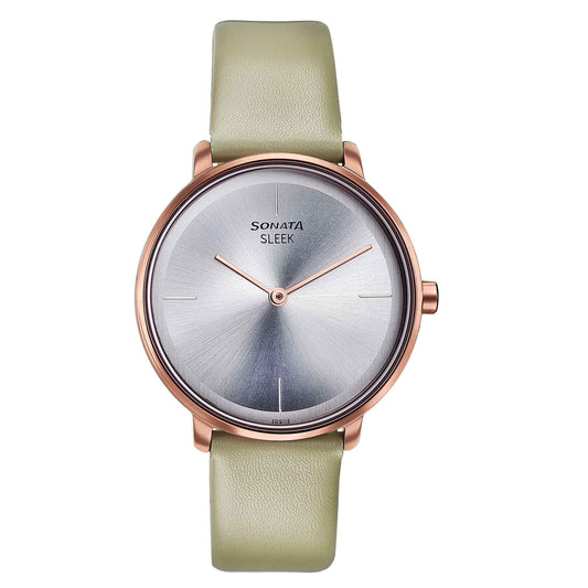 Sonata Sleek Quartz Analog Silver Dial Grey Leather Strap Watch for Women