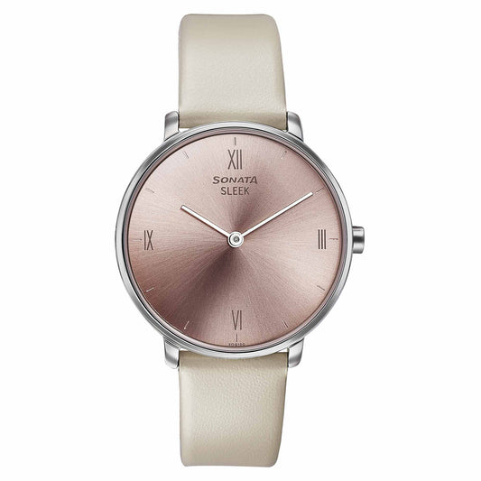Sonata Sleek Quartz Analog Pink Dial Beige Leather Strap Watch for Women