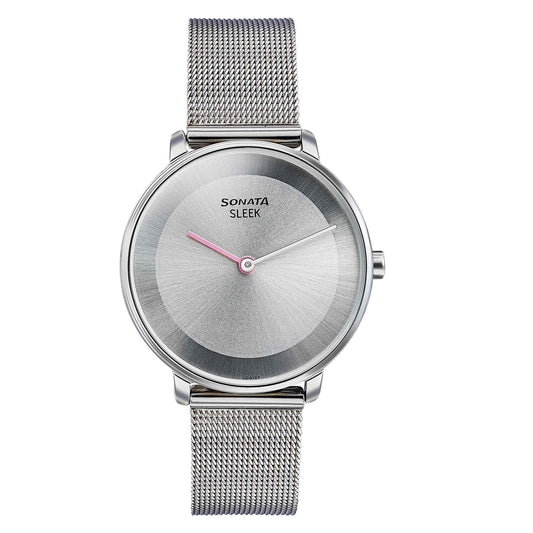Sonata Sleek Quartz Analog Grey Dial Silver Stainless Steel Strap Watch for Women