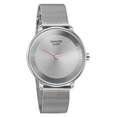 Sonata Sleek Quartz Analog Grey Dial Silver Stainless Steel Strap Watch for Women