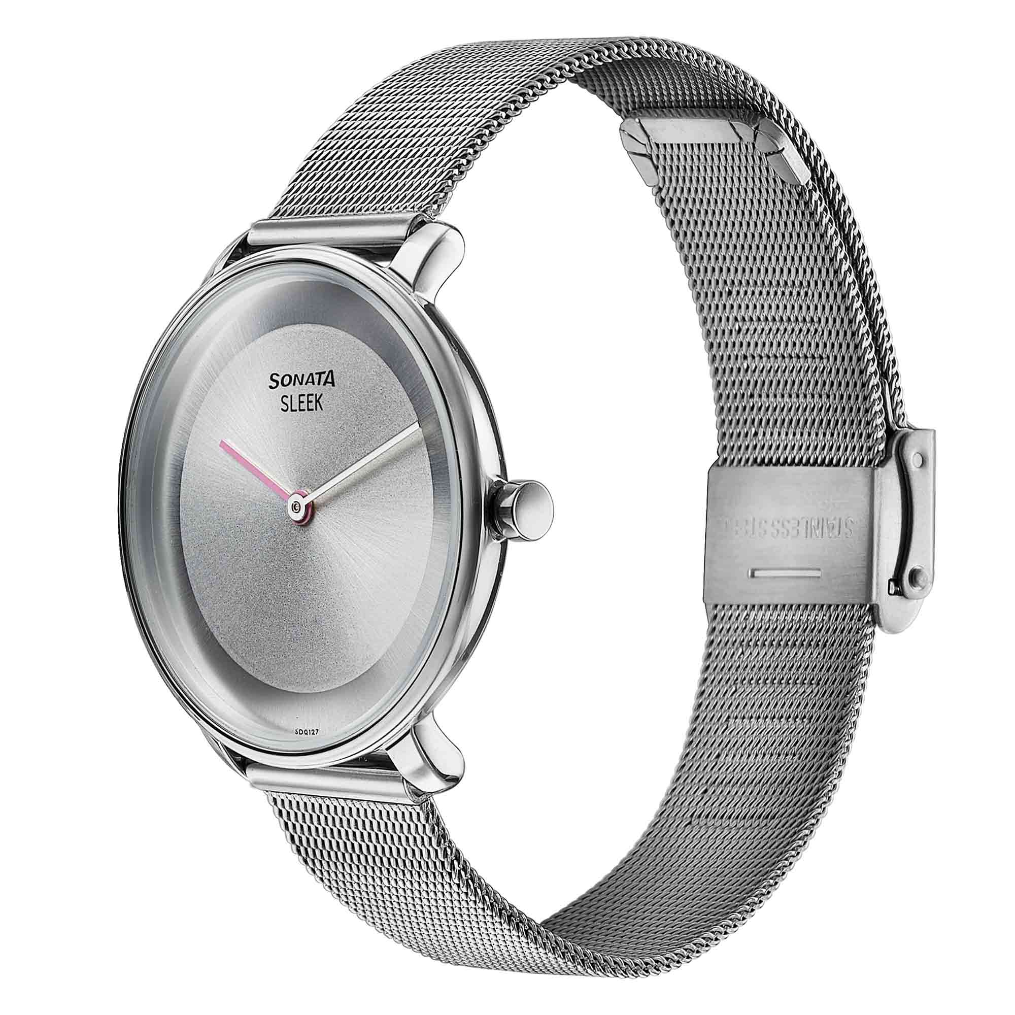Sonata Sleek Quartz Analog Grey Dial Silver Stainless Steel Strap Watch for Women