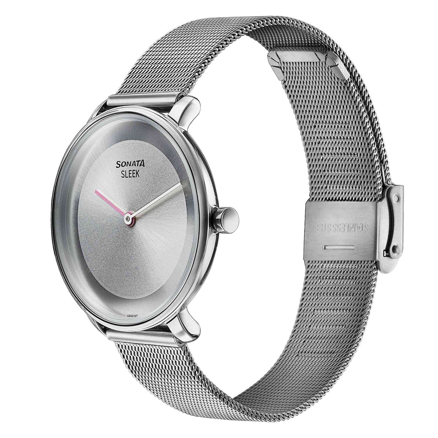 Sonata Sleek Quartz Analog Grey Dial Silver Stainless Steel Strap Watch for Women