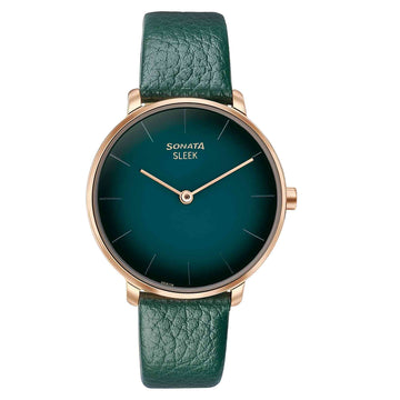 Sonata Sleek Quartz Analog Green Dial Green Leather Strap Watch for Women