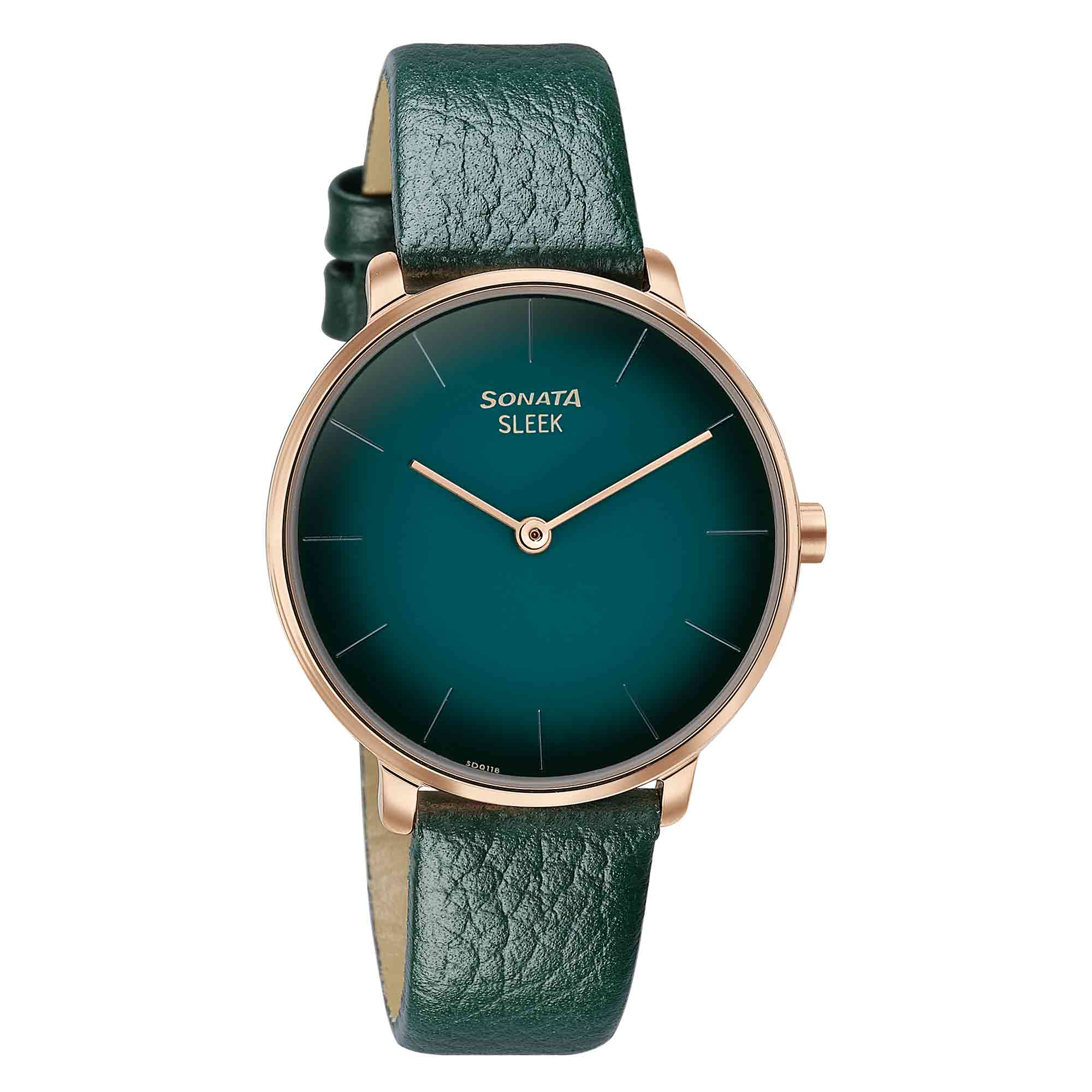 Sonata Sleek Quartz Analog Green Dial Green Leather Strap Watch for Women