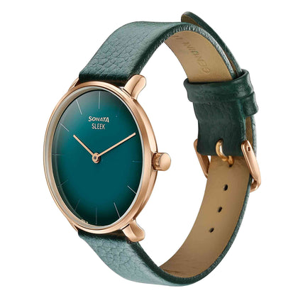 Sonata Sleek Quartz Analog Green Dial Green Leather Strap Watch for Women