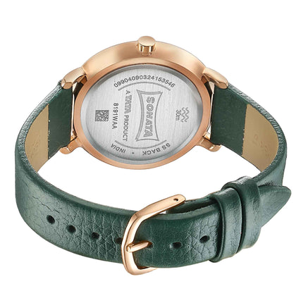 Sonata Sleek Quartz Analog Green Dial Green Leather Strap Watch for Women
