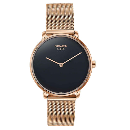Sonata Sleek Quartz Analog Black Dial Rose Gold Stainless Steel Strap Watch for Women