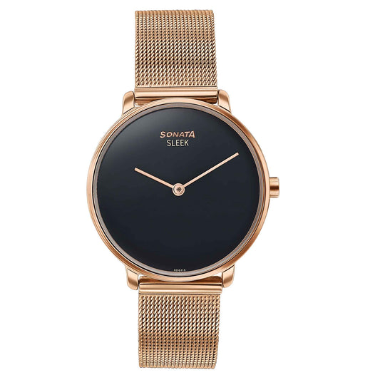 Sonata Sleek Quartz Analog Black Dial Rose Gold Stainless Steel Strap Watch for Women