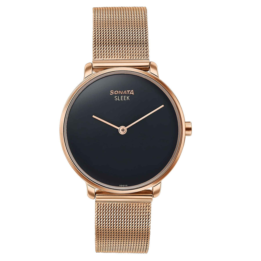 Sonata Sleek Quartz Analog Black Dial Rose Gold Stainless Steel Strap Watch for Women
