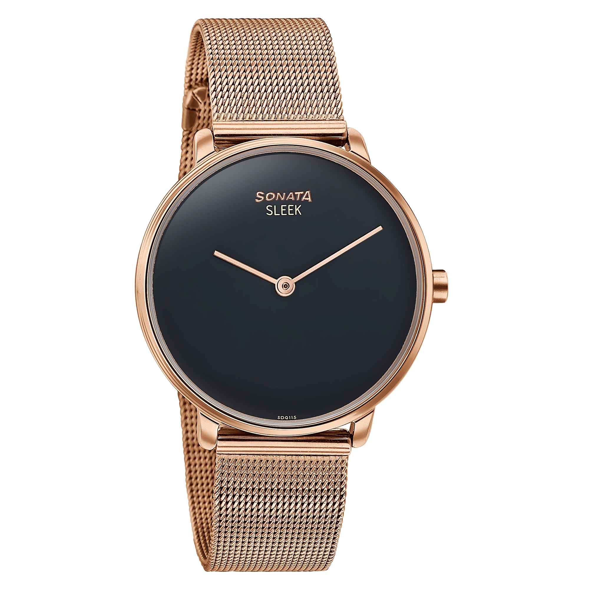 Sonata Sleek Quartz Analog Black Dial Rose Gold Stainless Steel Strap Watch for Women