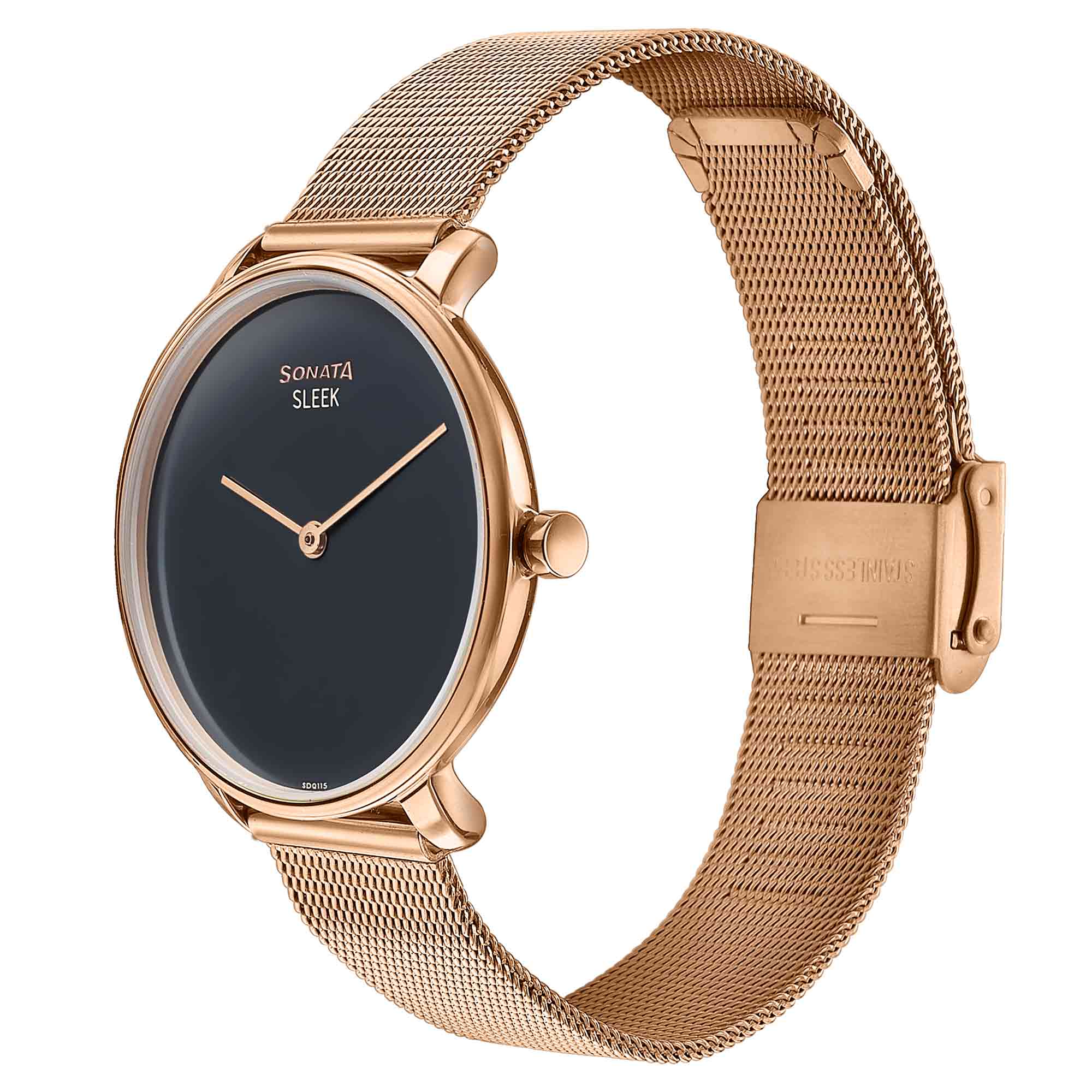 Sonata Sleek Quartz Analog Black Dial Rose Gold Stainless Steel Strap Watch for Women