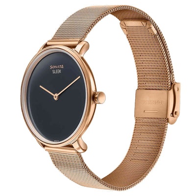Sonata Sleek Quartz Analog Black Dial Rose Gold Stainless Steel Strap Watch for Women