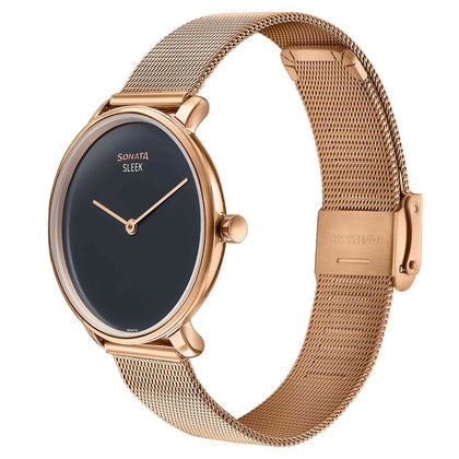 Sonata Sleek Quartz Analog Black Dial Rose Gold Stainless Steel Strap Watch for Women