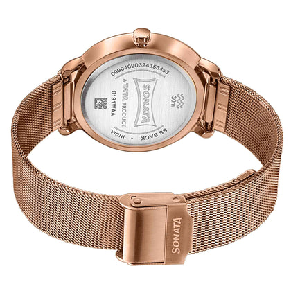 Sonata Sleek Quartz Analog Black Dial Rose Gold Stainless Steel Strap Watch for Women