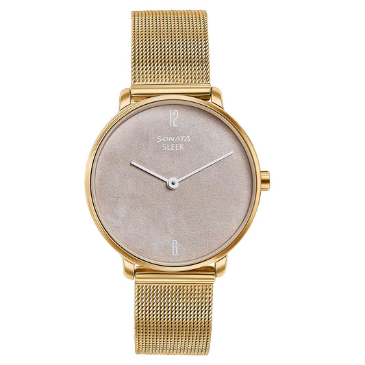 Sonata Sleek Gold-Toned Mesh Bracelet Watch with Minimal Sundial Dial and Arabic Numerals