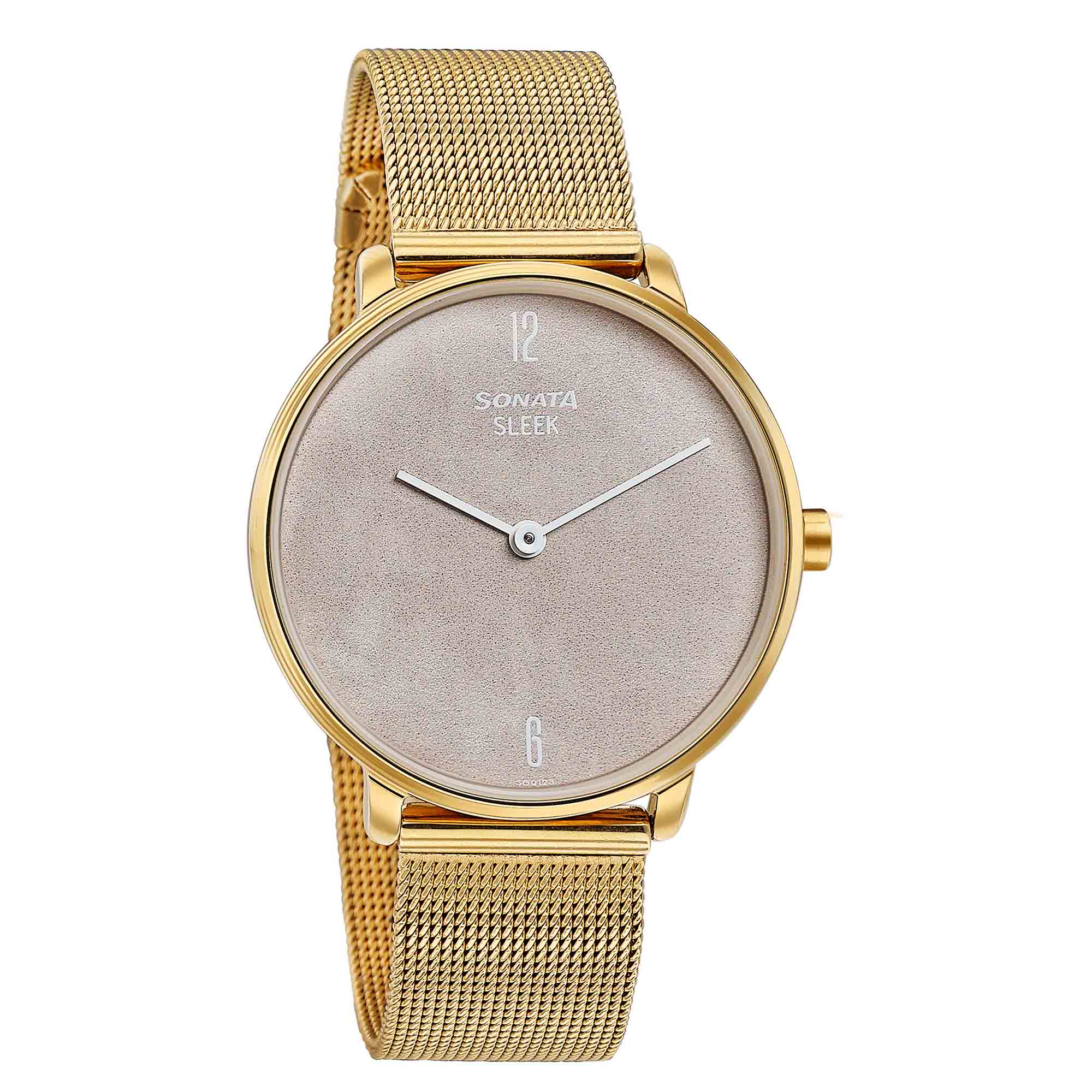 Sonata Sleek Gold-Toned Mesh Bracelet Watch with Minimal Sundial Dial and Arabic Numerals
