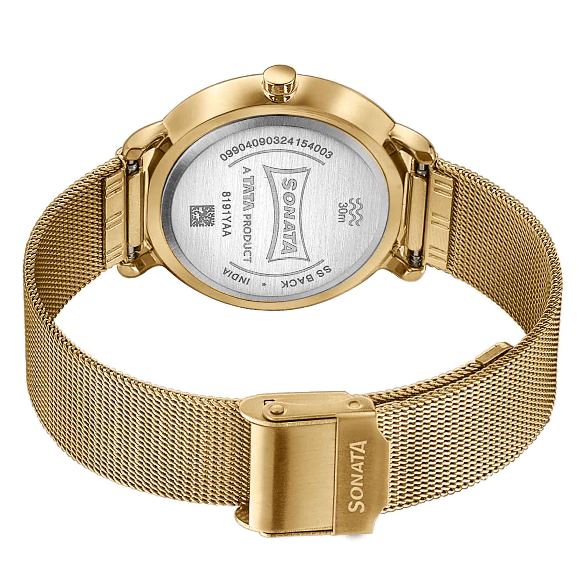 Sonata Sleek Gold-Toned Mesh Bracelet Watch with Minimal Sundial Dial and Arabic Numerals