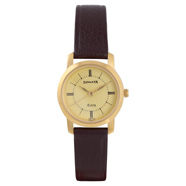 Sonata Workwear Champagne Dial Brown Leather Strap Analog Watch for Women