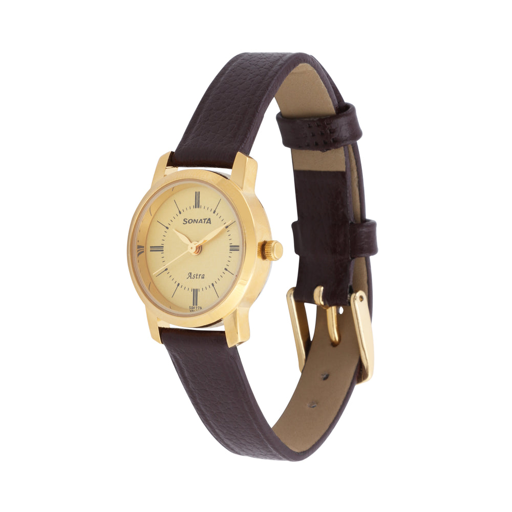 Sonata Workwear Champagne Dial Brown Leather Strap Analog Watch for Women