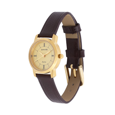 Sonata Workwear Champagne Dial Brown Leather Strap Analog Watch for Women