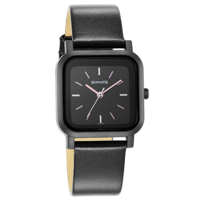 Sonata Black Dial Leather Strap Analog Watch for Women