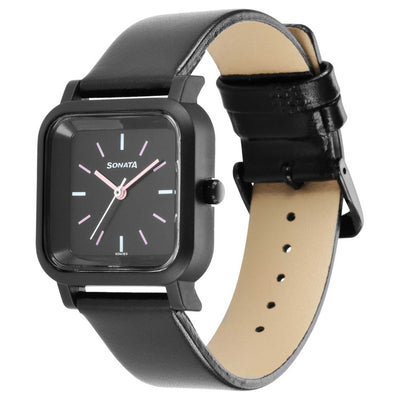 Sonata Black Dial Leather Strap Analog Watch for Women