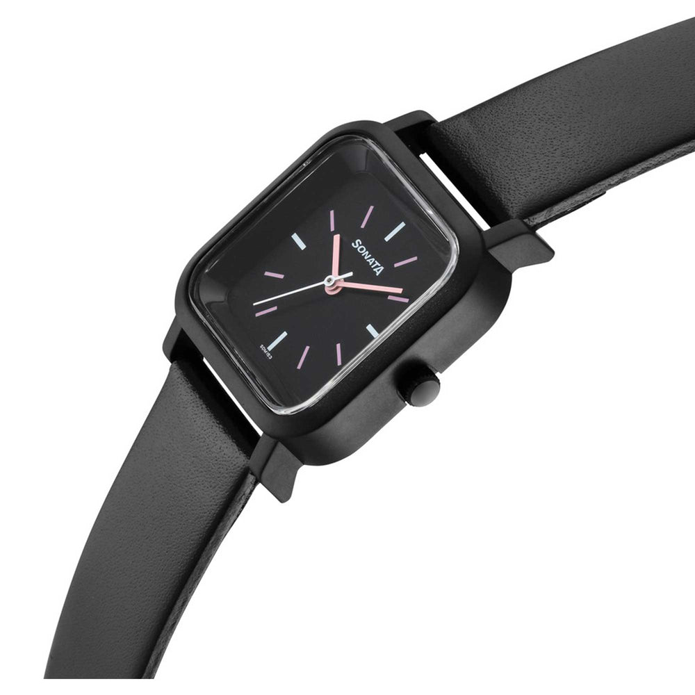 Sonata Black Dial Leather Strap Analog Watch for Women