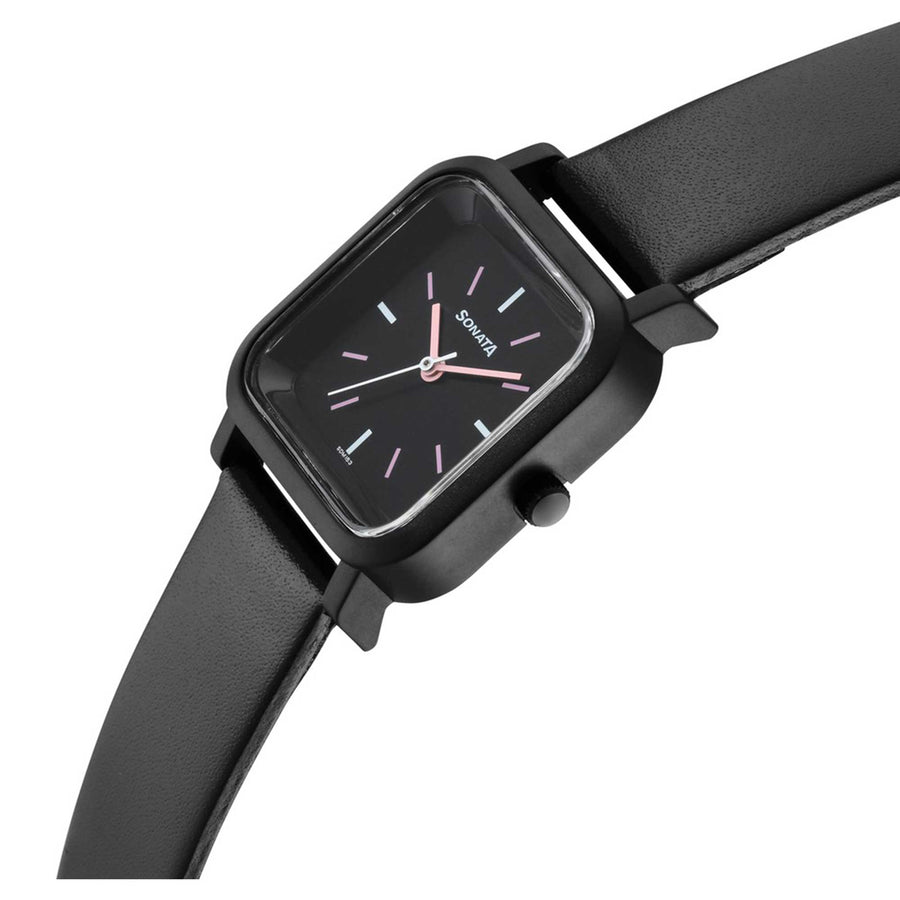 Sonata Black Dial Leather Strap Analog Watch for Women