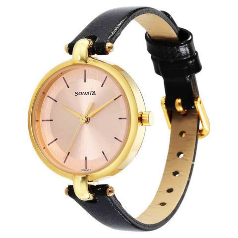 Gold Edit Pink Dial Black Leather Strap Watches