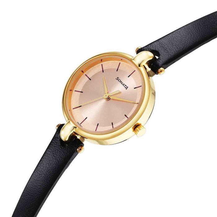 Gold Edit Pink Dial Black Leather Strap Watches
