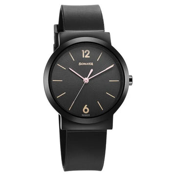 Sonata Essentials Black Dial Polyurethane Strap Watch for Women 87044NP01