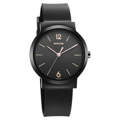 Sonata Essentials Black Dial Polyurethane Strap Watch for Women 87044NP01