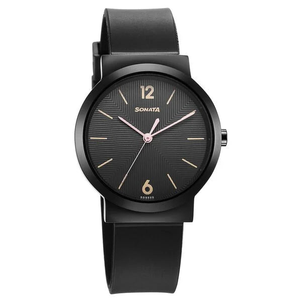 Sonata Essentials Black Dial Polyurethane Strap Watch for Women 87044NP01
