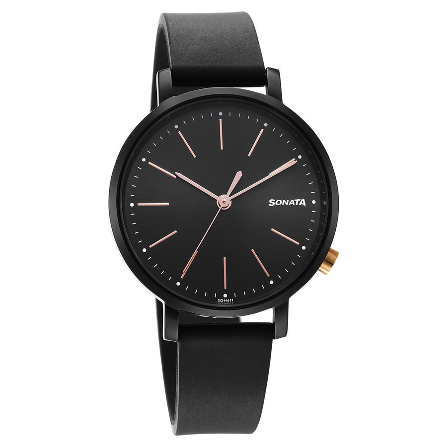 Sonata Essentials Black Dial Polyurethane Strap Watch for Women
