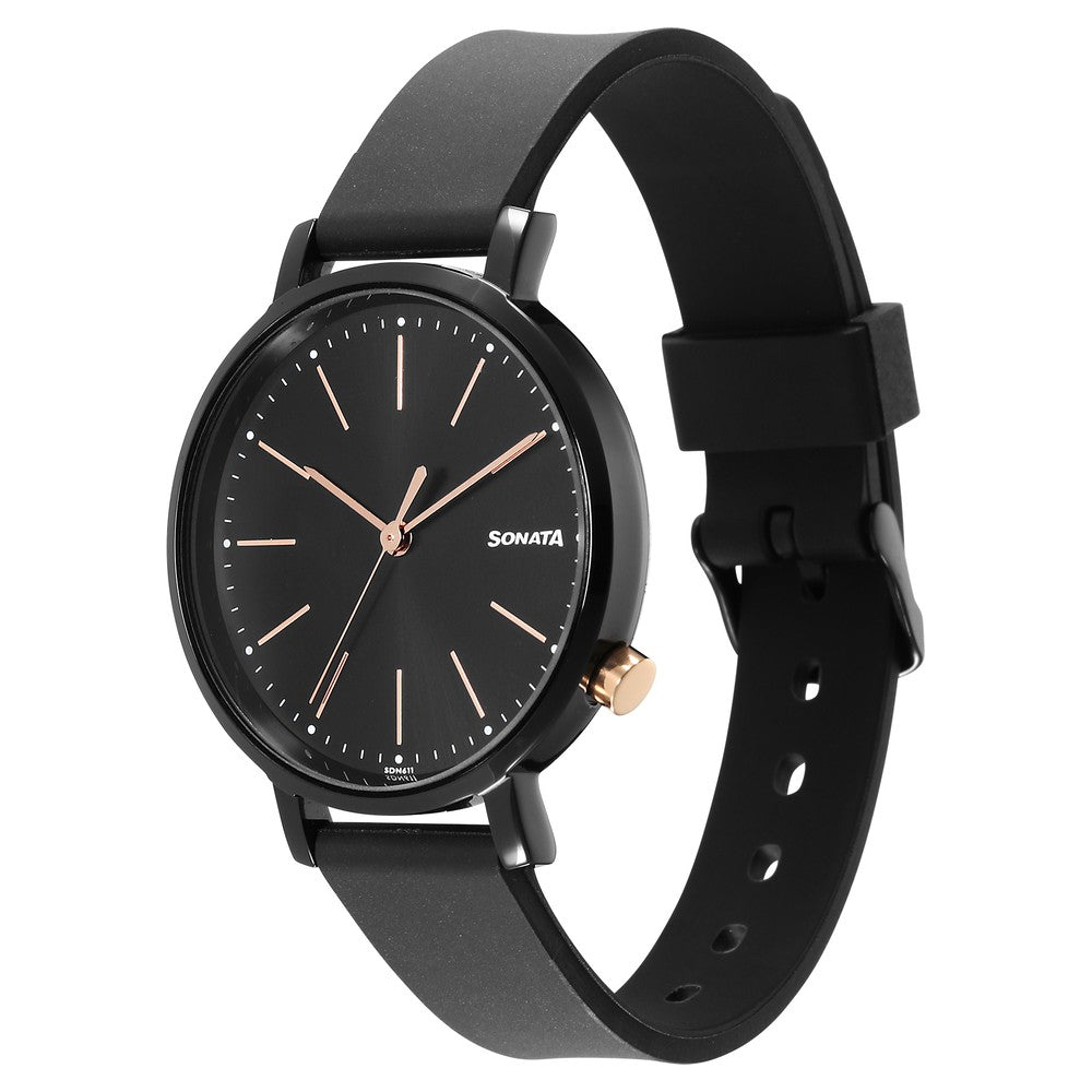 Sonata Essentials Black Dial Polyurethane Strap Watch for Women