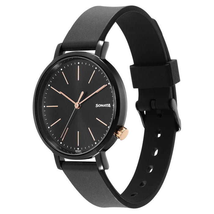 Sonata Essentials Black Dial Polyurethane Strap Watch for Women