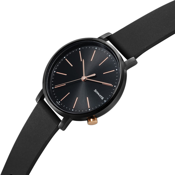 Sonata Essentials Black Dial Polyurethane Strap Watch for Women
