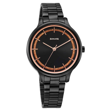 Sonata Fashion Black Dial Metal Strap Analog Watch for Women