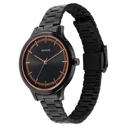 Sonata Fashion Black Dial Metal Strap Analog Watch for Women