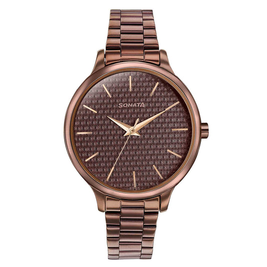 Sonata Wedding Bling Quartz Analog Brown Dial Brown Stainless Steel Strap Watch for Women