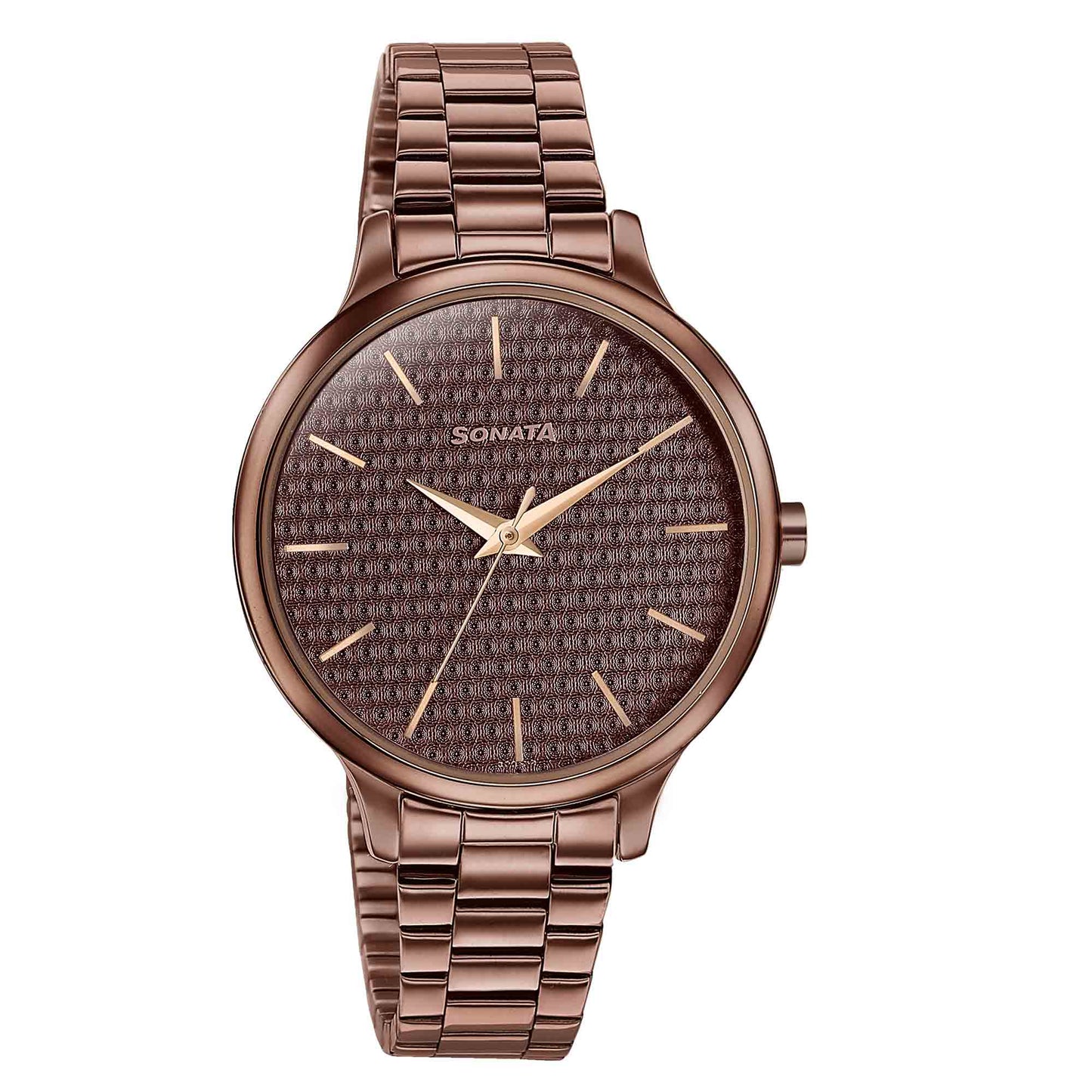 Sonata Wedding Bling Quartz Analog Brown Dial Brown Stainless Steel Strap Watch for Women