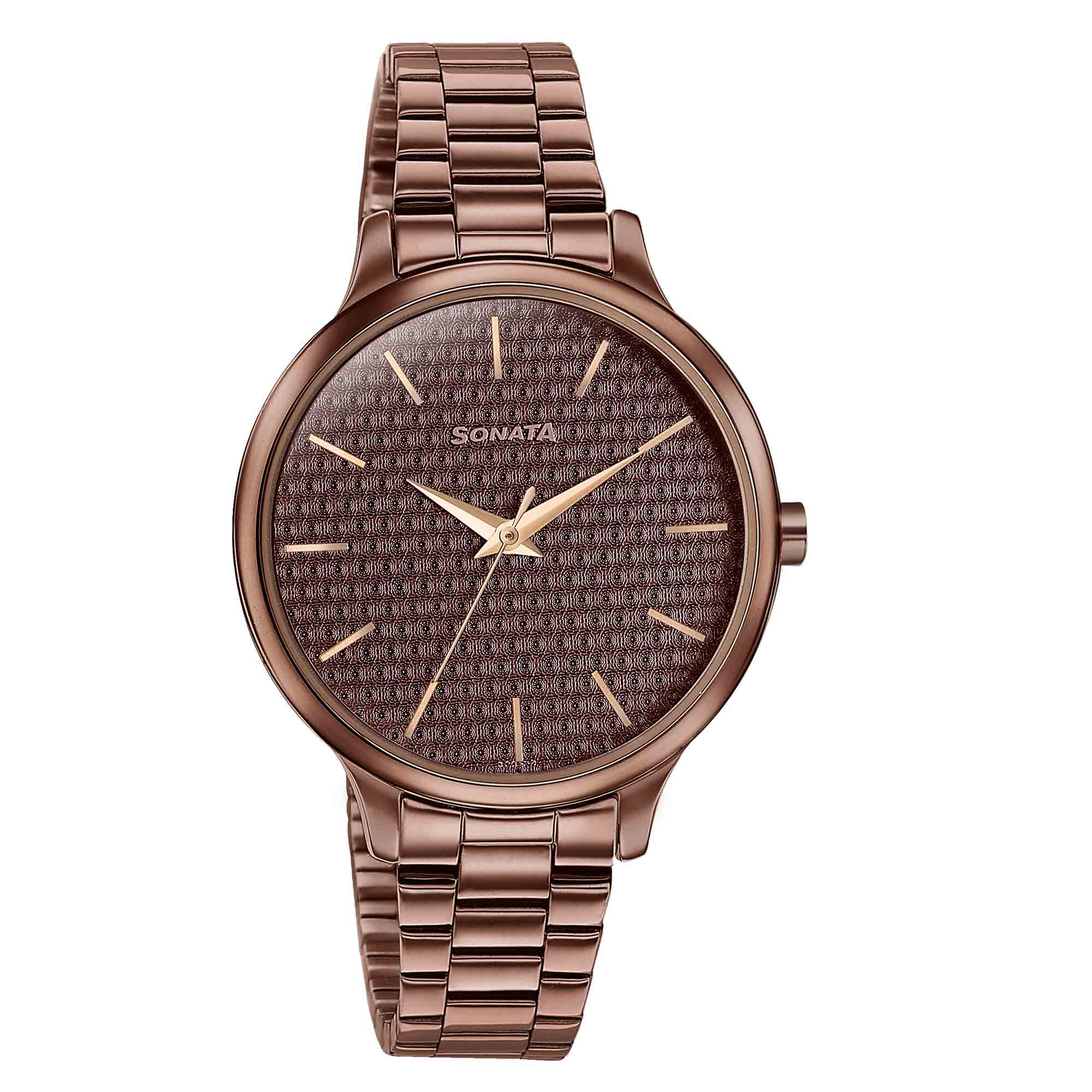 Sonata Wedding Bling Quartz Analog Brown Dial Brown Stainless Steel Strap Watch for Women
