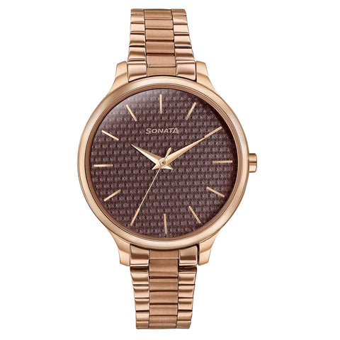 Sonata Wedding Bling Quartz Analog Brown Dial Rose Gold Stainless Steel Strap Watch for Women
