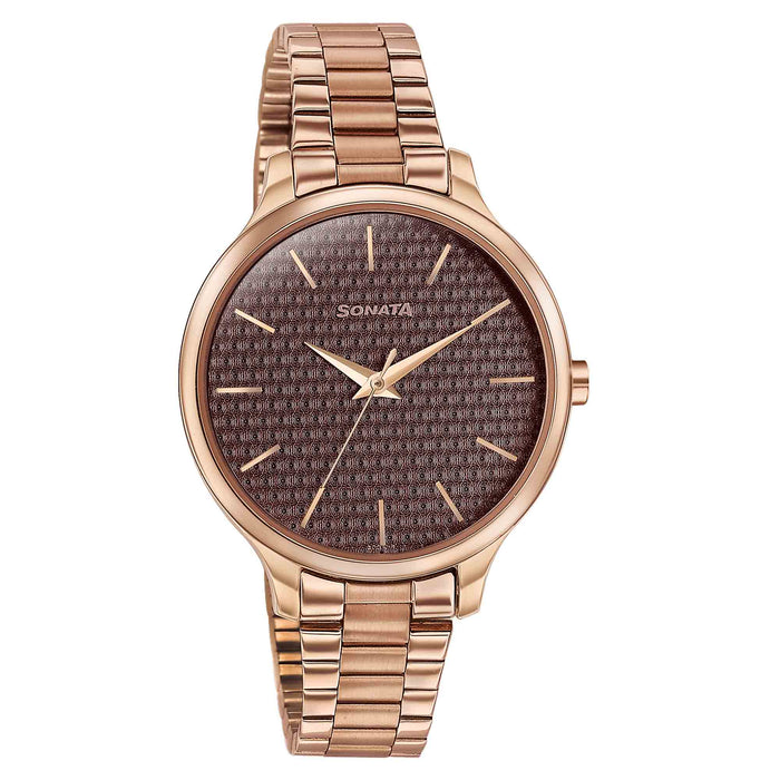 Sonata Wedding Bling Quartz Analog Brown Dial Rose Gold Stainless Steel Strap Watch for Women