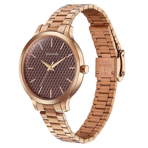 Sonata Wedding Bling Quartz Analog Brown Dial Rose Gold Stainless Steel Strap Watch for Women