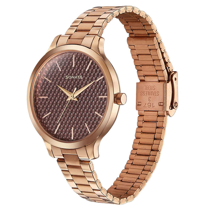Sonata Wedding Bling Quartz Analog Brown Dial Rose Gold Stainless Steel Strap Watch for Women