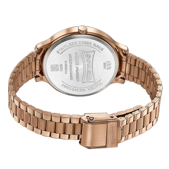 Sonata Wedding Bling Quartz Analog Brown Dial Rose Gold Stainless Steel Strap Watch for Women