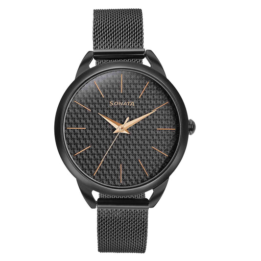 Sonata Wedding Bling Quartz Analog Black Dial Black Stainless Steel Strap Watch for Women