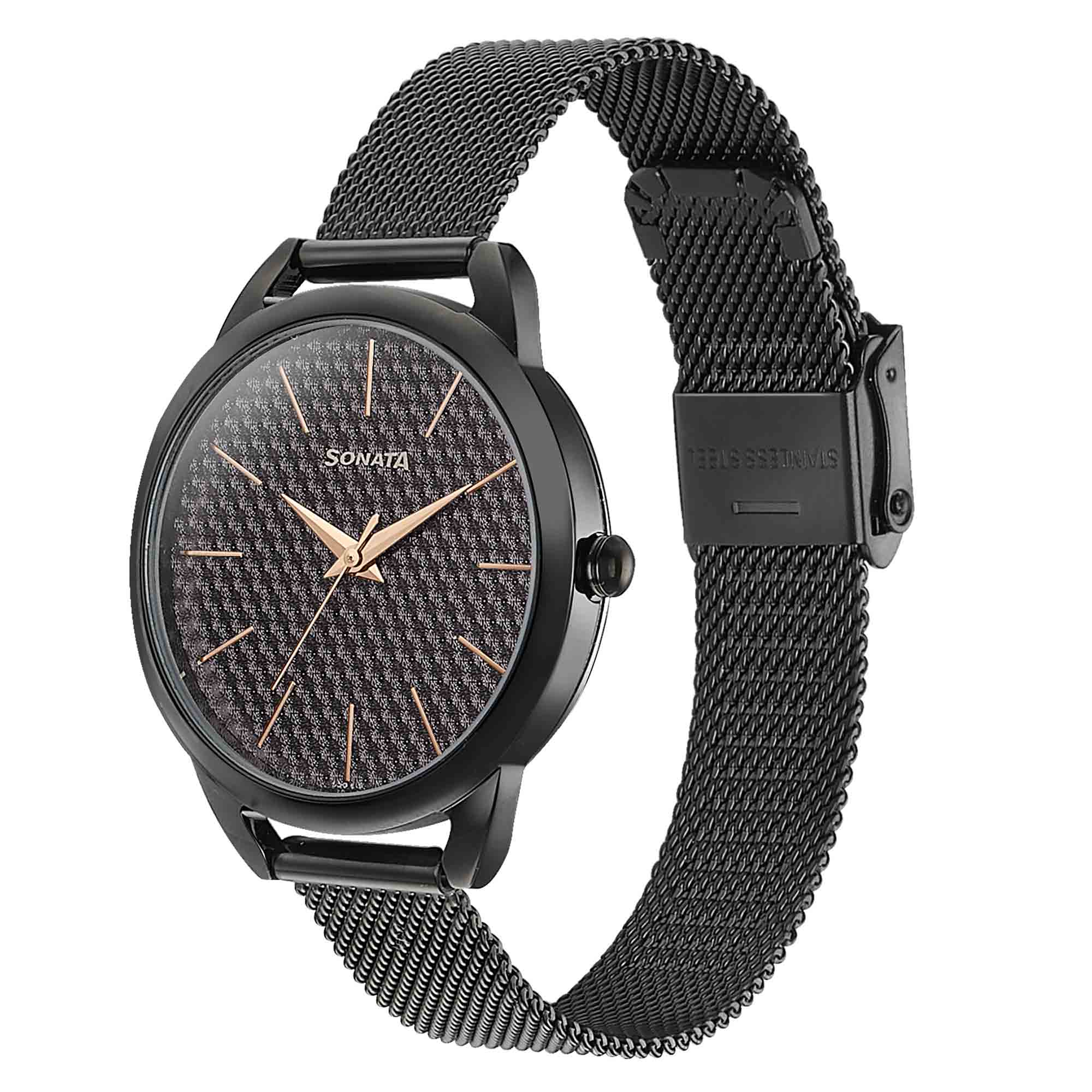 Sonata Wedding Bling Quartz Analog Black Dial Black Stainless Steel Strap Watch for Women
